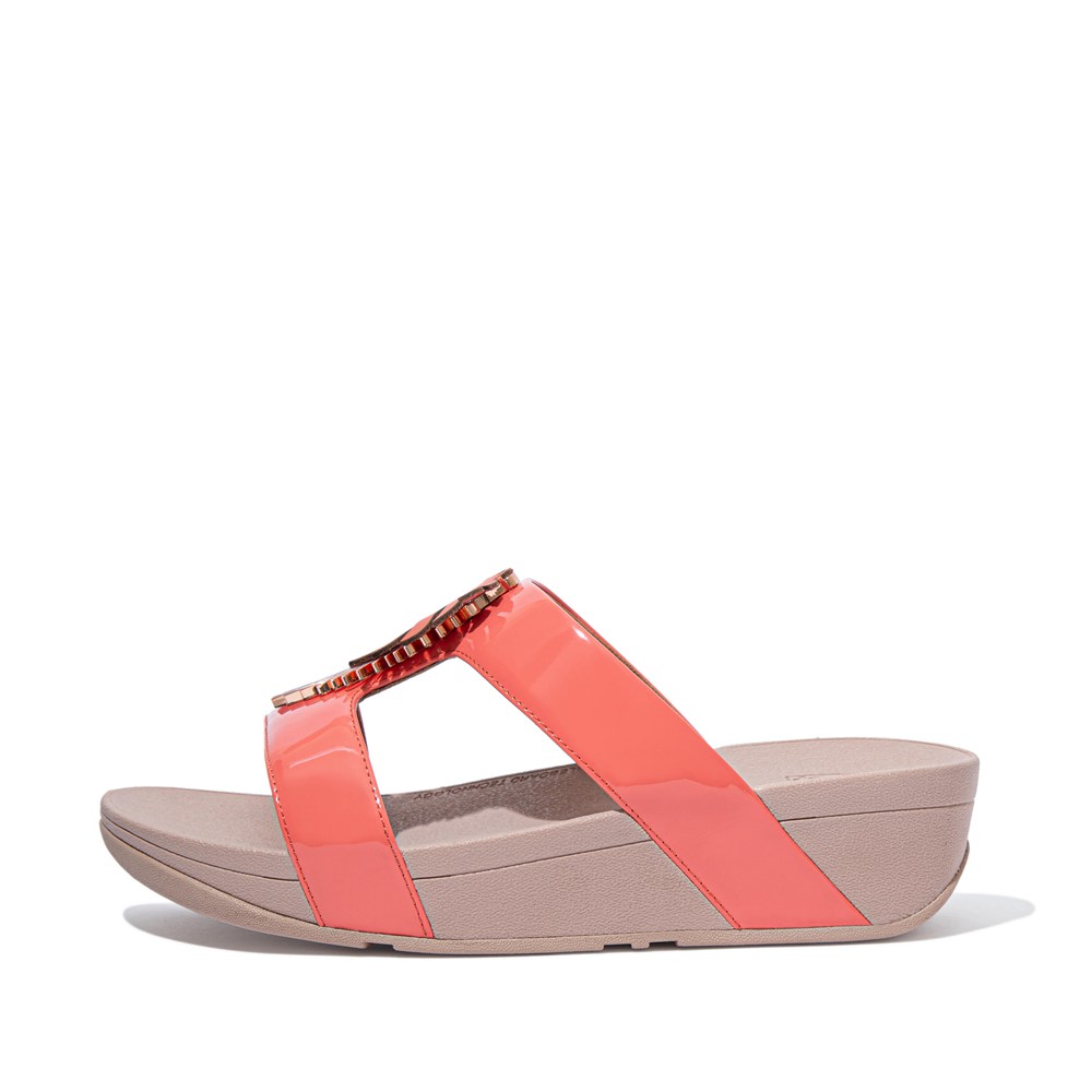 Fitflop Womens Slides Coral Pink - Lottie Jungle-leaf Patent - XY9352874